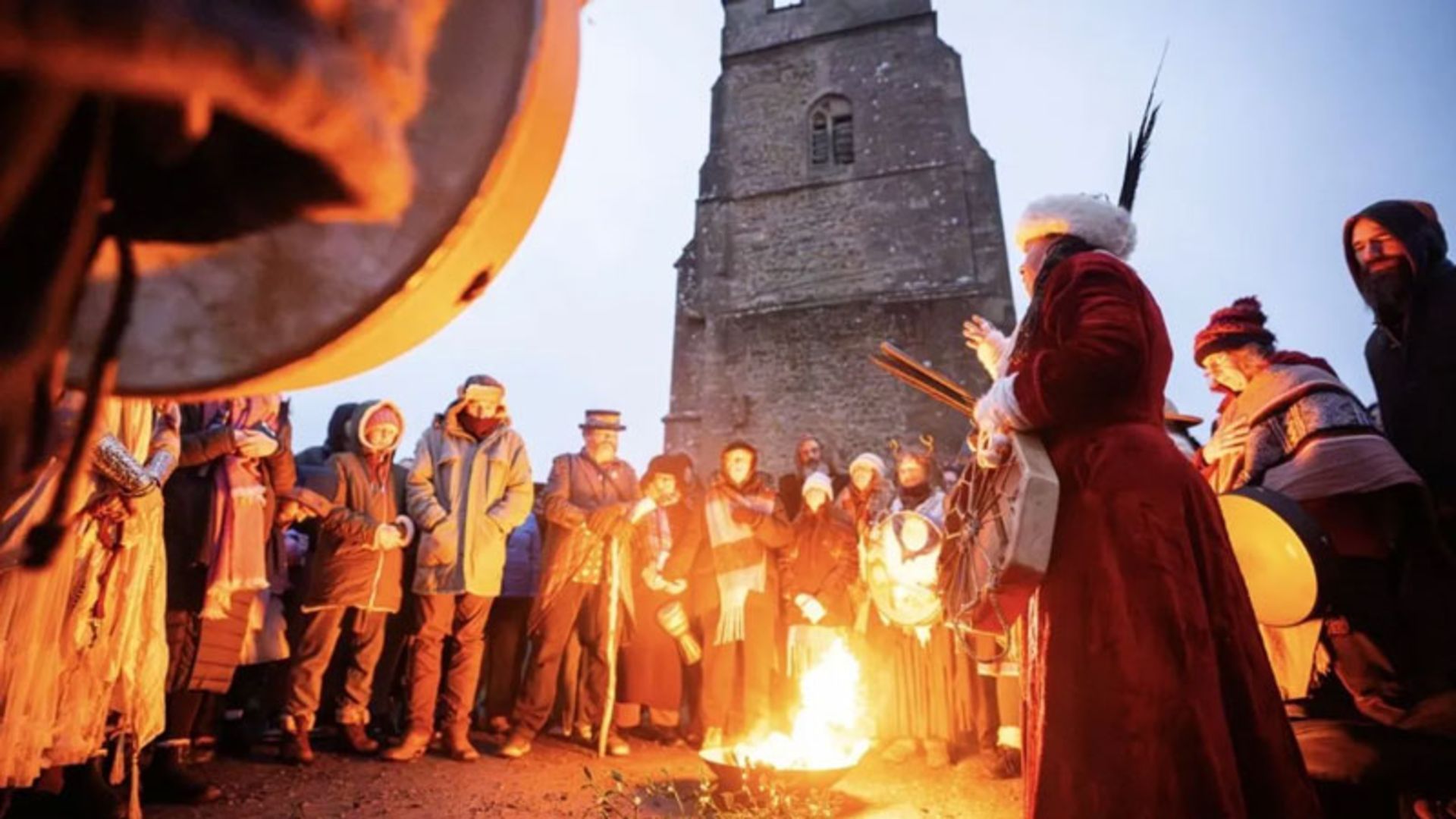 Ritual ceremony, drumming and bonfire lighting in Newgrange