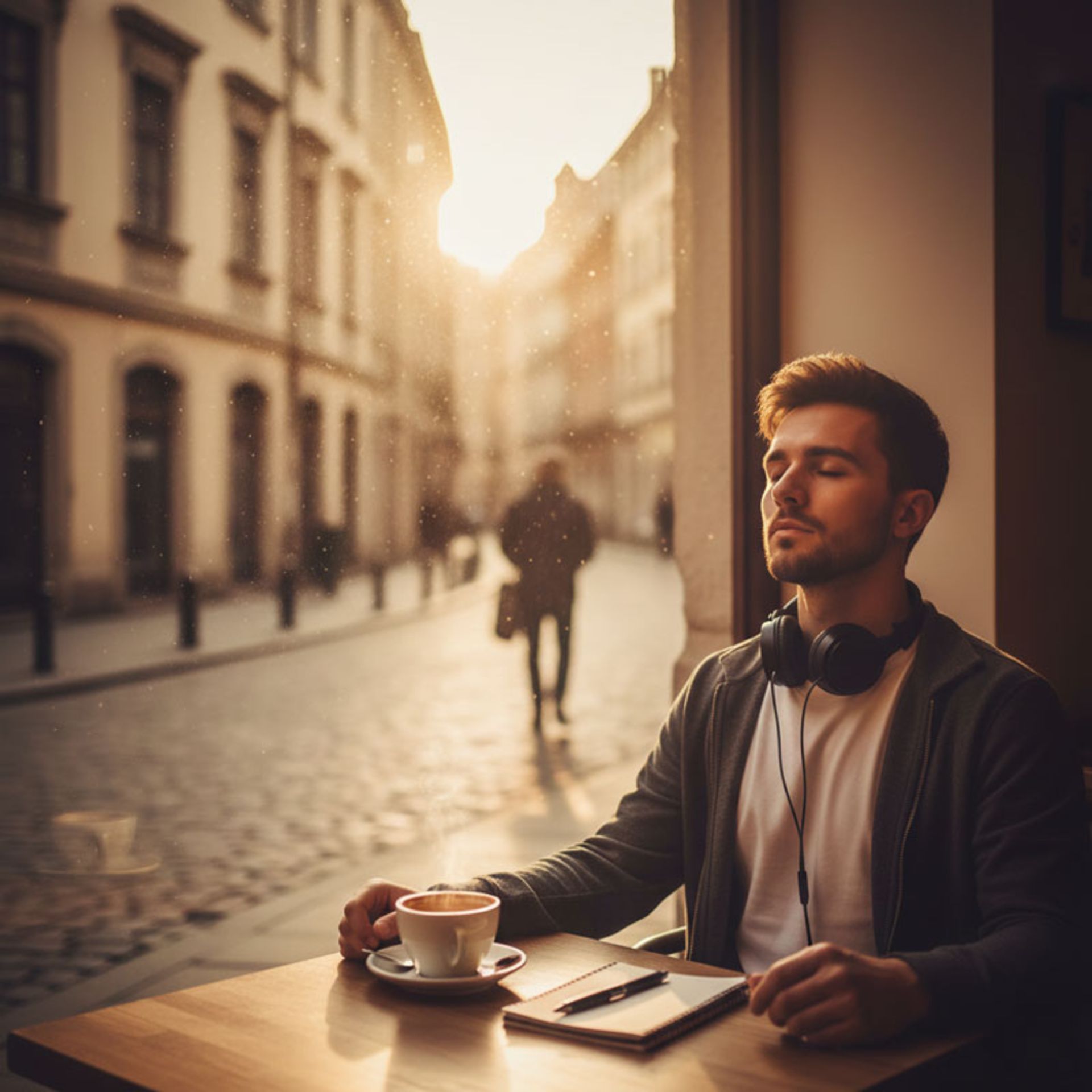 Male traveler in cafe at sunset