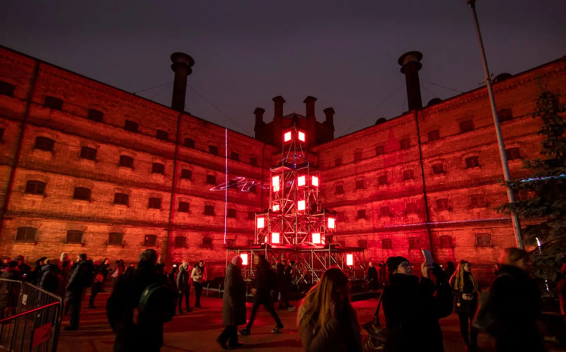 Vilnius historical prison yard with lighting and light installations