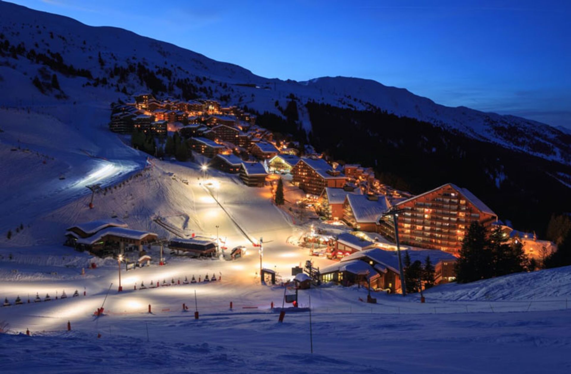 A magical view of the ski resort of Meribel, France at night
