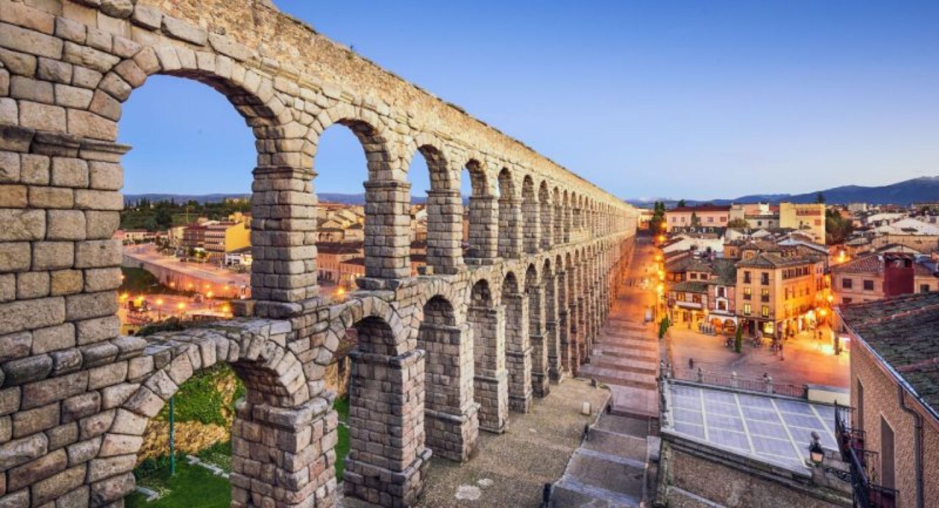 Segovia aqueduct and the landscape of the city of Segovia in Spain