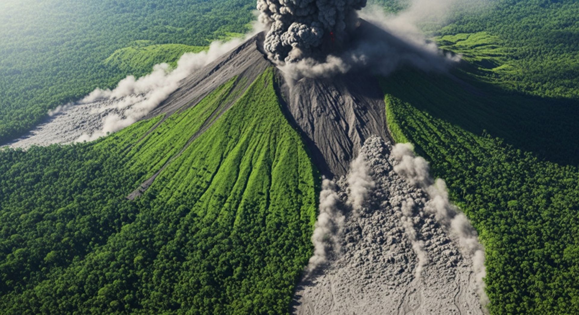 Volcanic eruption in forested mountains