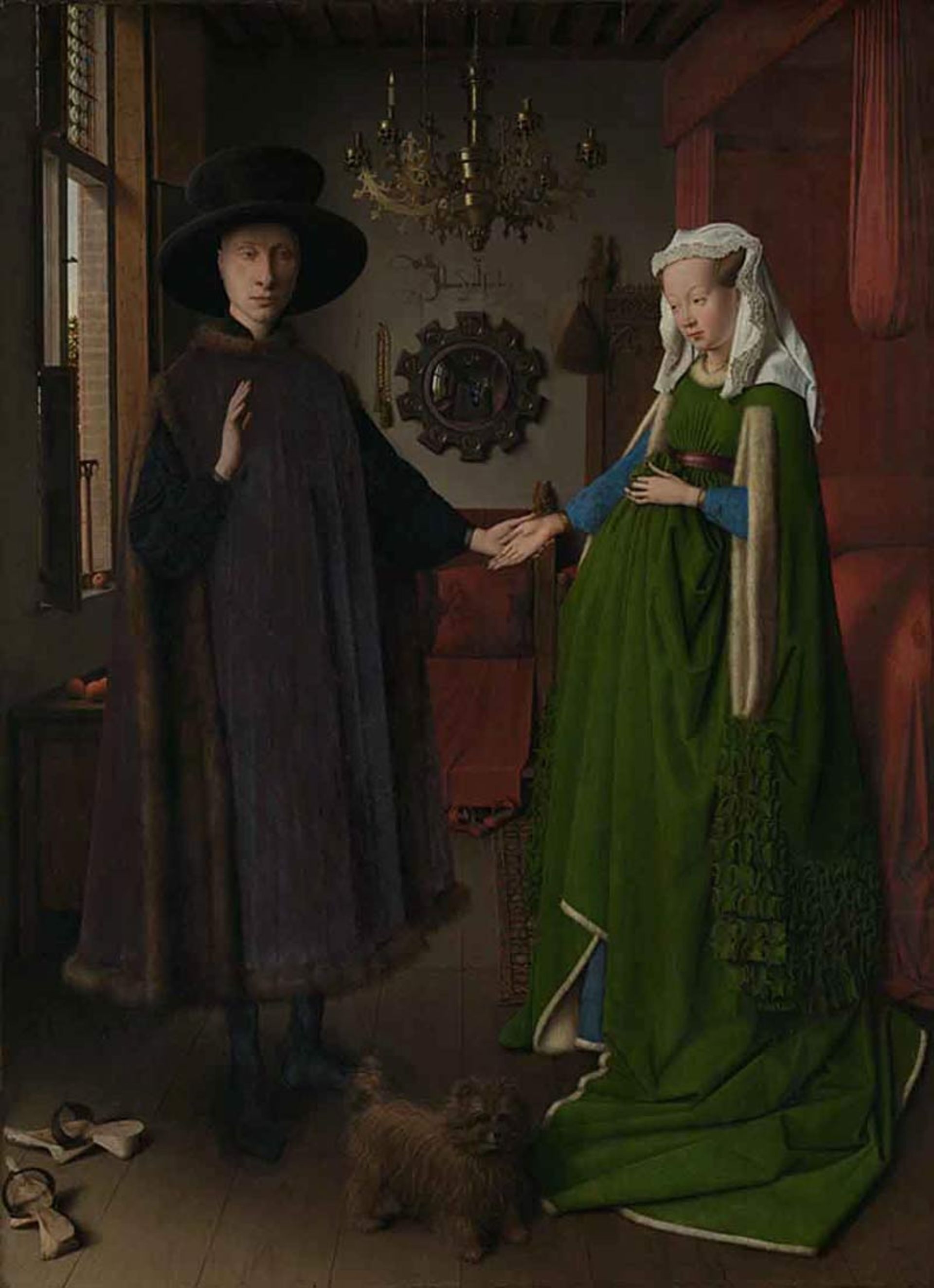 A painting of a couple in a room with old clothes