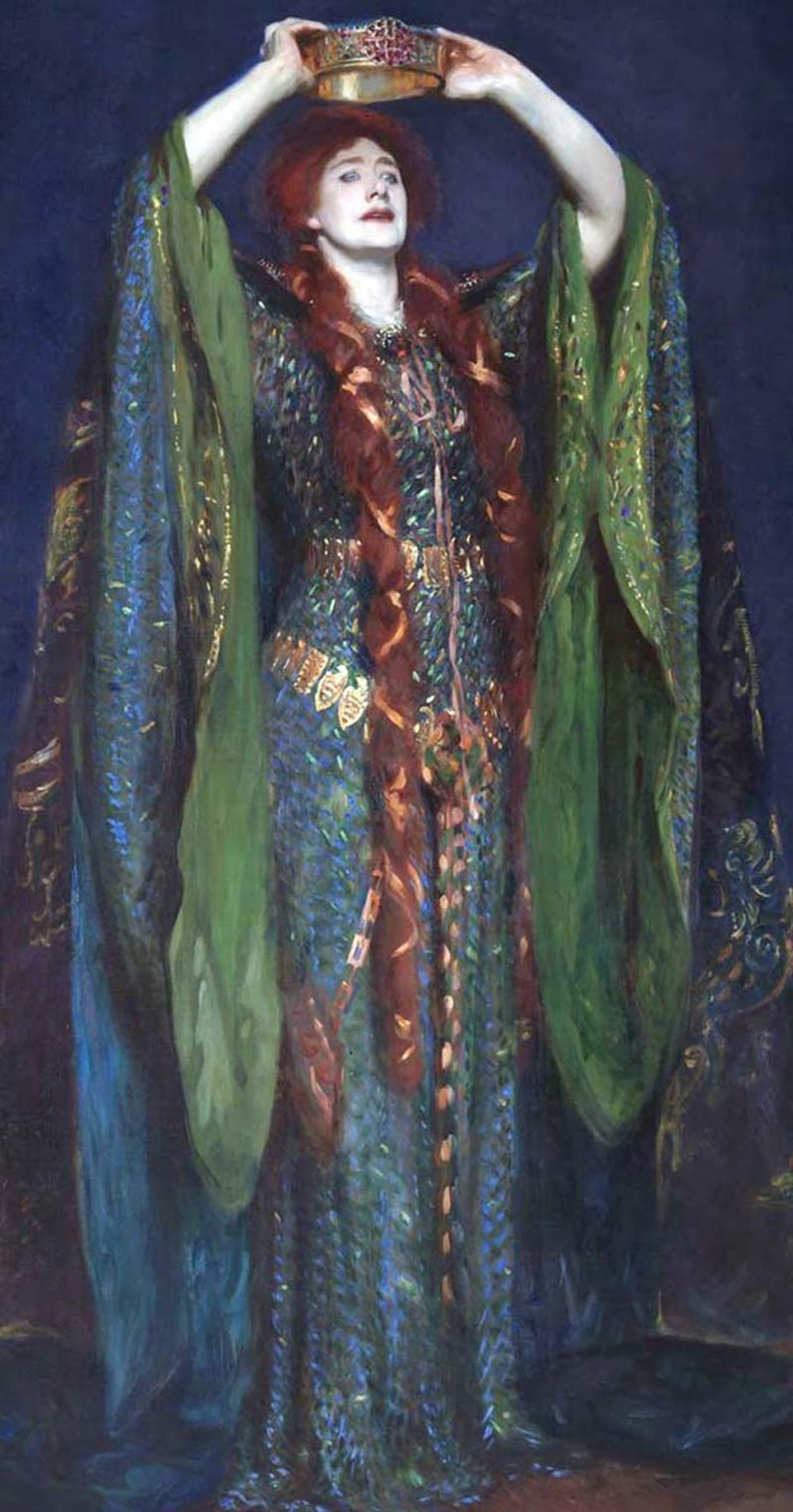 Portrait painting of a woman with red hair and crown in hand, wearing an emerald green shirt
