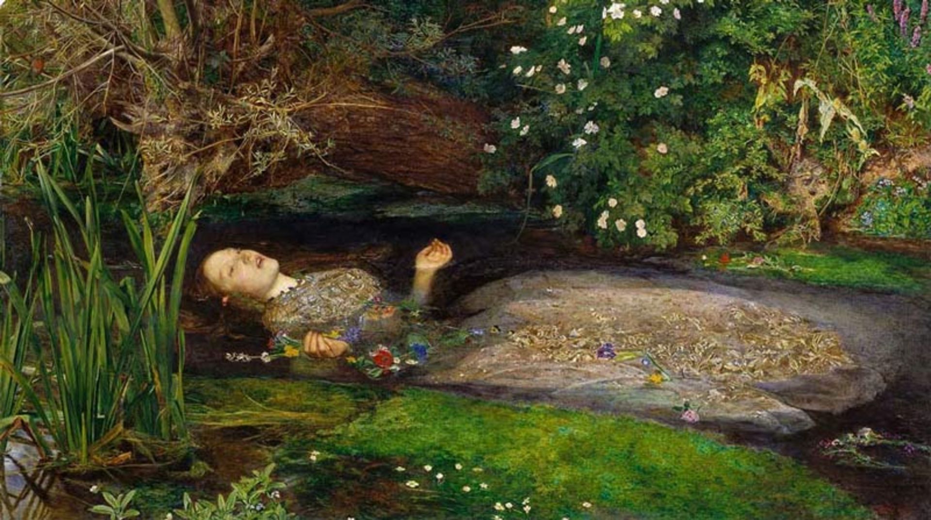 A painting of a woman in an embroidered silver dress, floating in the middle of water and a mass of plants