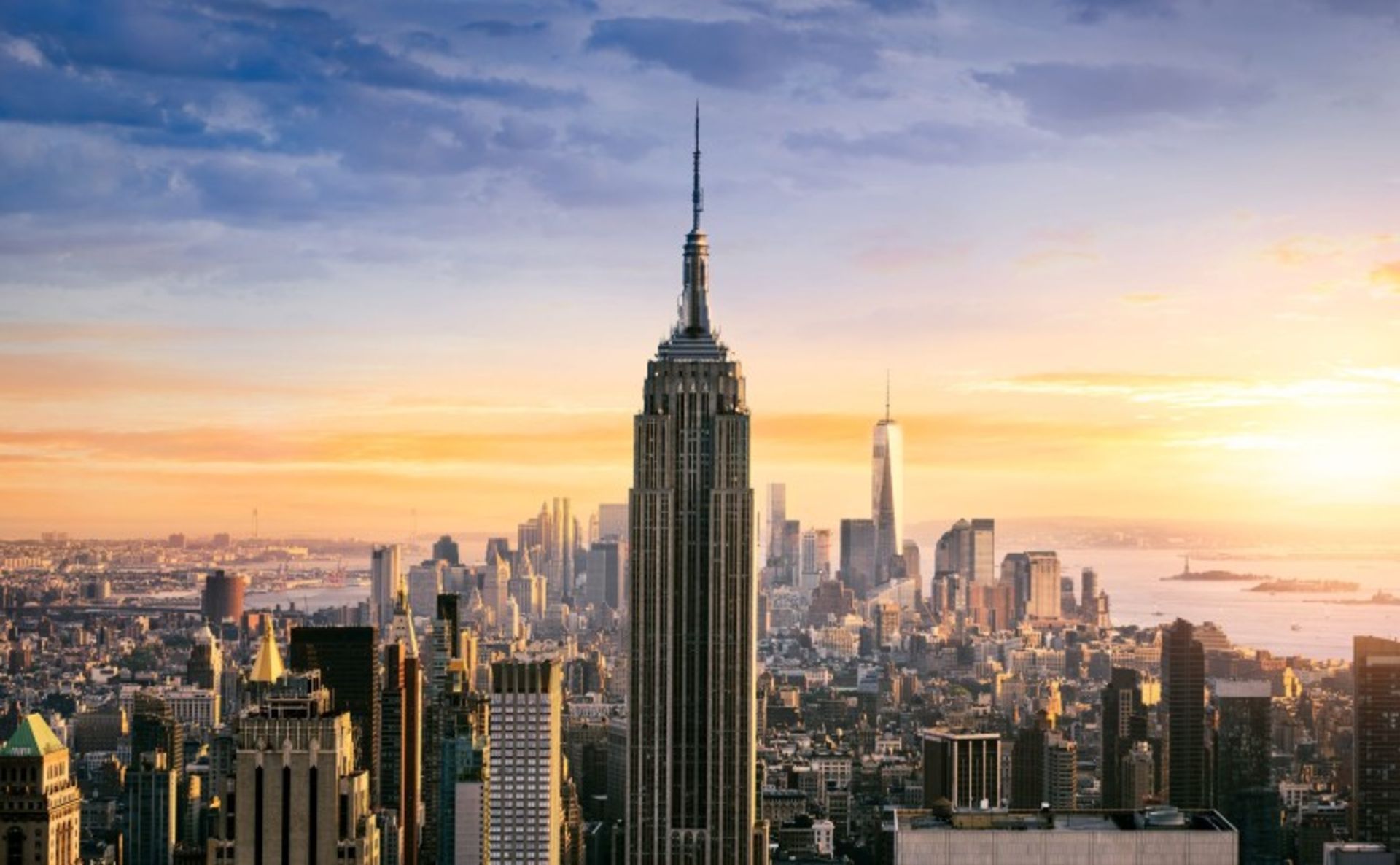 Exterior view of the Empire State Building and surrounding buildings in New York
