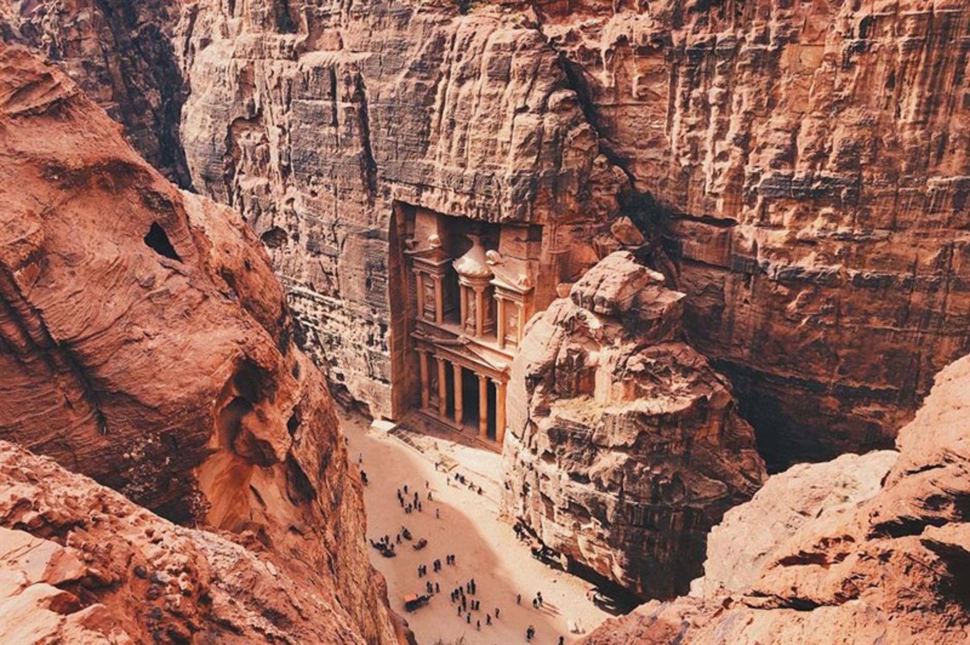 Aerial photo of the entrance structure of the city of Petra, Jordan