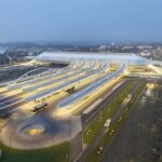 Aerial view of Mons railway station in Belgium
