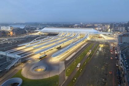 Aerial view of Mons railway station in Belgium