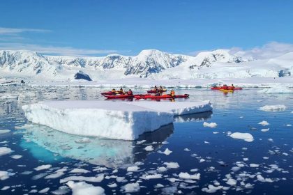 Explorers sailing in Antarctica