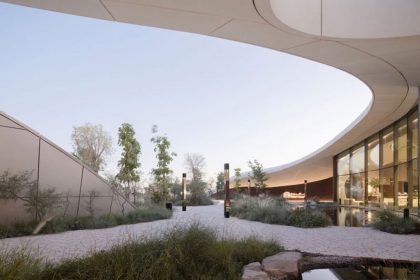 The architecture and spaces of the Ghaf Woods center in Dubai