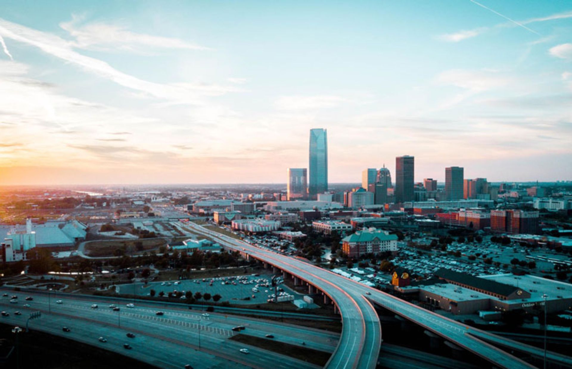 Oklahoma City skyline under sunset light