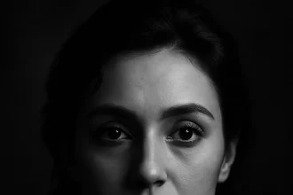 Close up black and white portrait of a lady