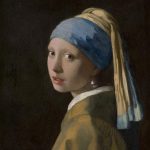 A drawing of a girl with blue and yellow gloves and a very large pearl earring