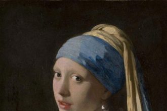 A drawing of a girl with blue and yellow gloves and a very large pearl earring