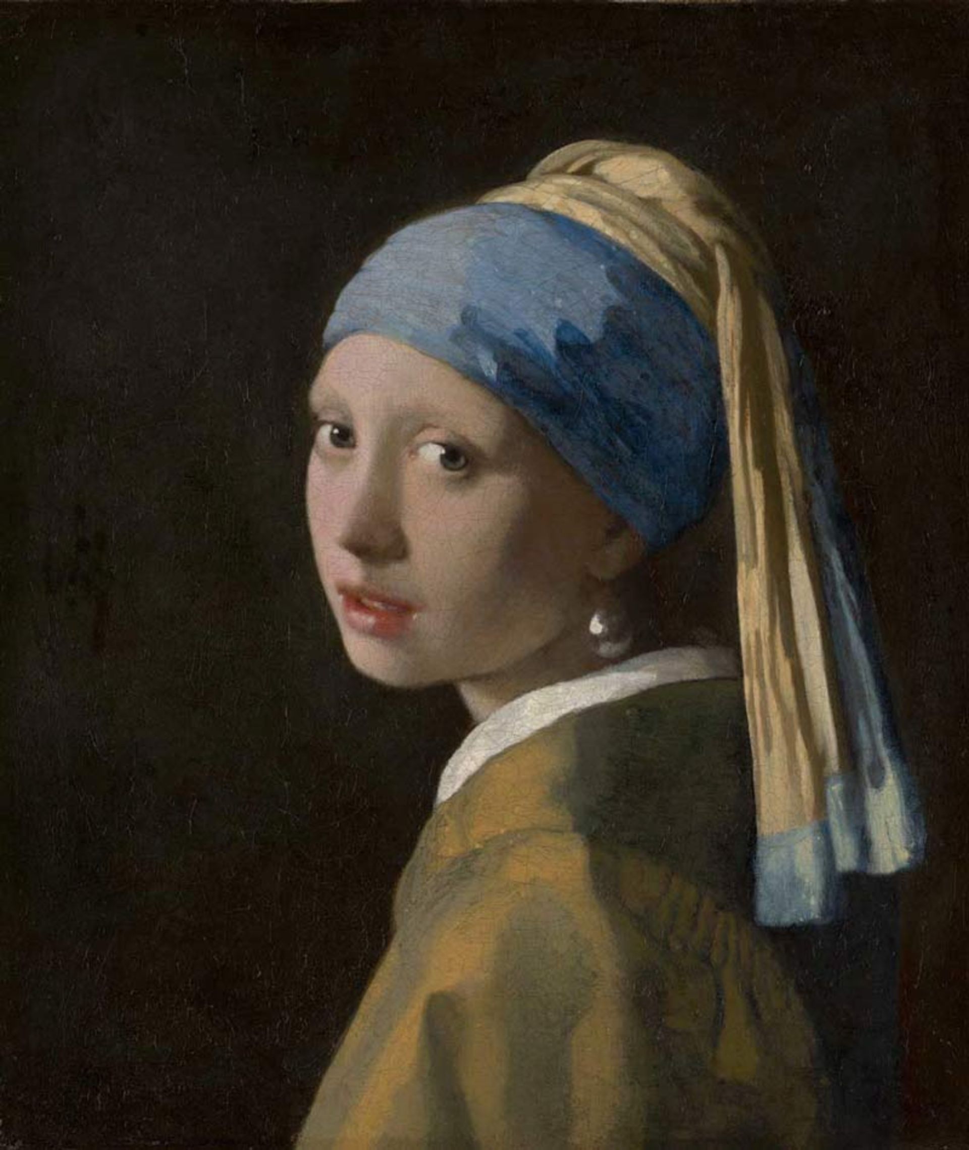 A drawing of a girl with blue and yellow gloves and a very large pearl earring