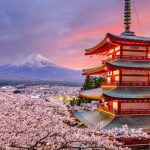 Japan's Mount Fuji, Chorito Temple and cherry blossoms at sunset