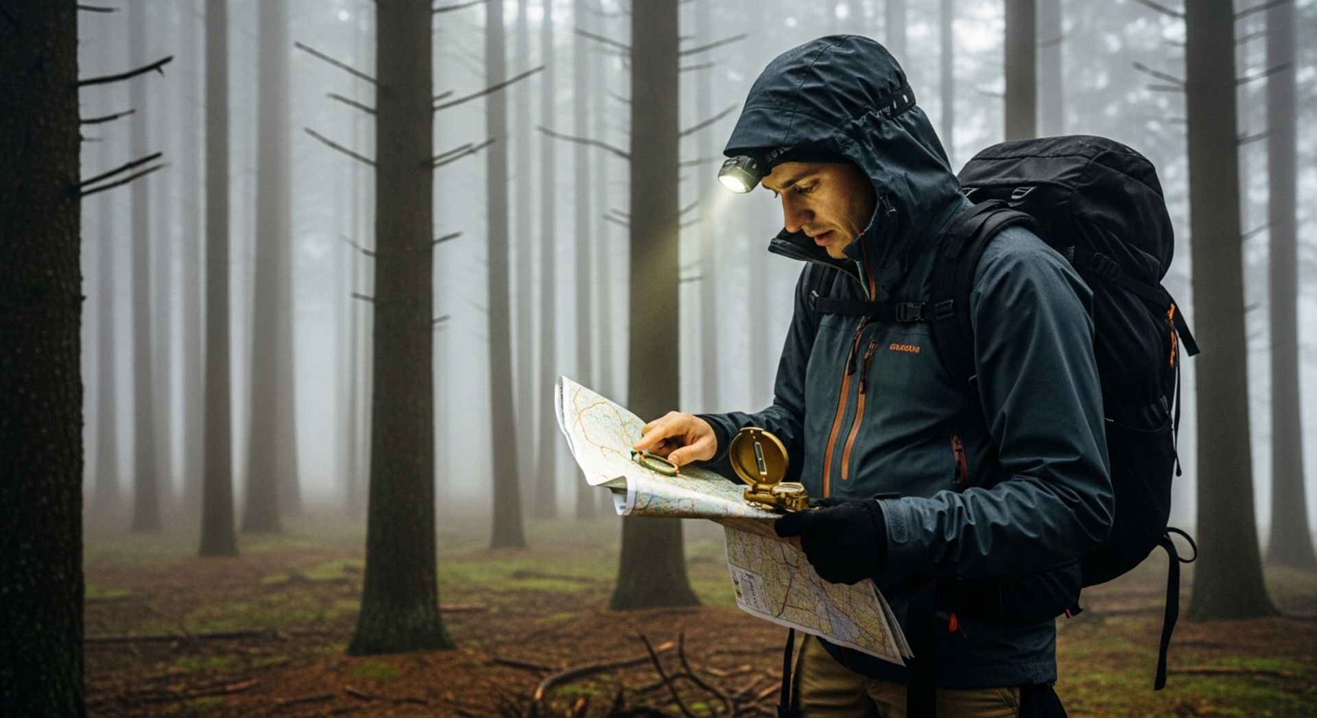 A hiker using a compass in the forest