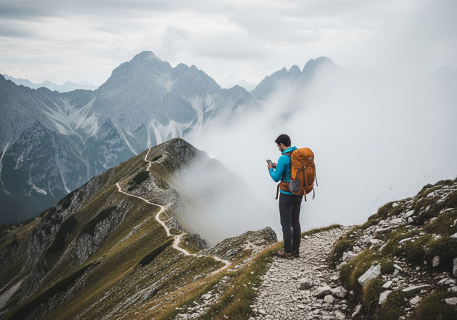 A climber using a GPS device in the mountains