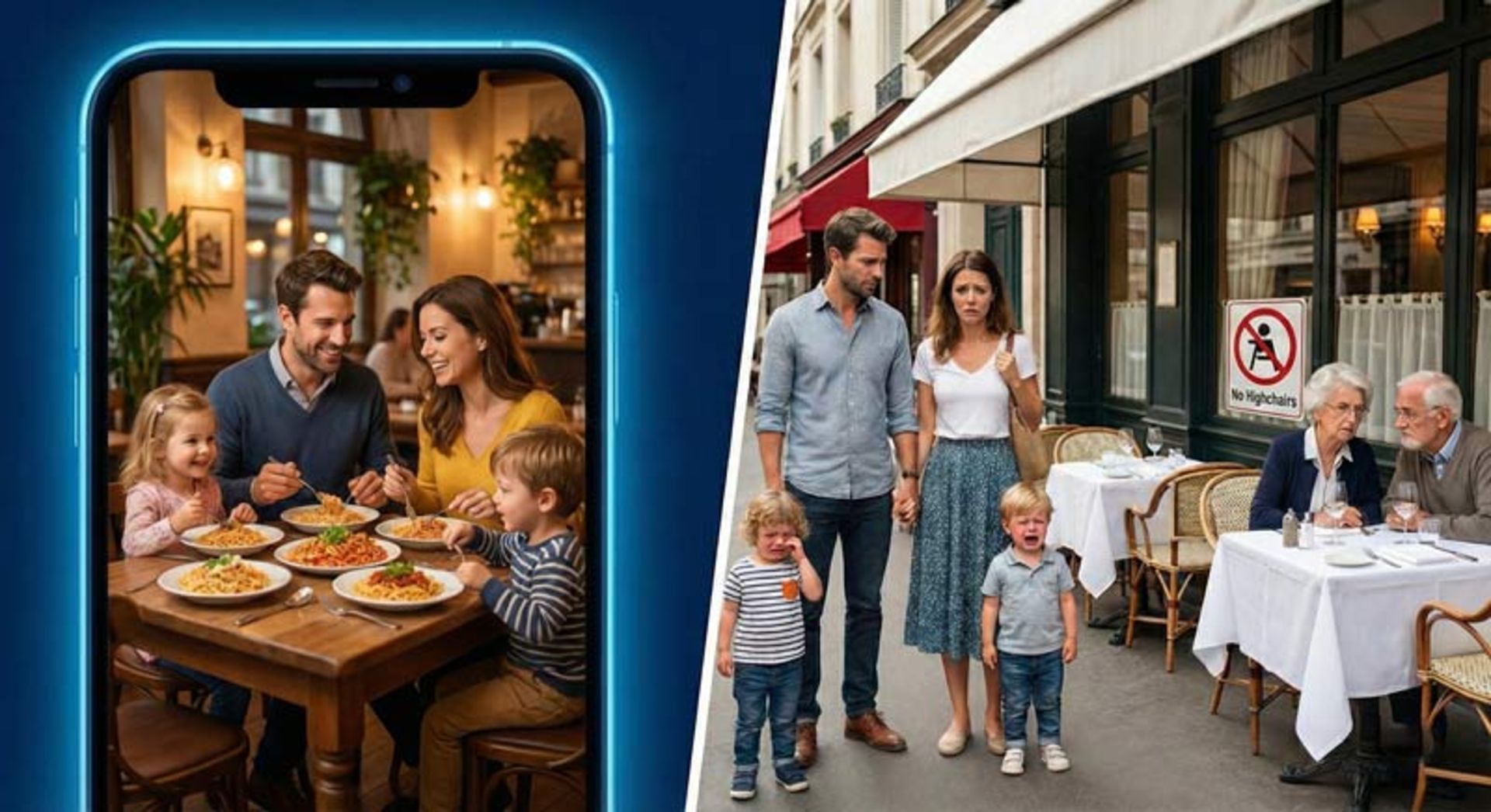 A happy family in the frame of the phone and the reality of their helplessness in front of a restaurant without child seats