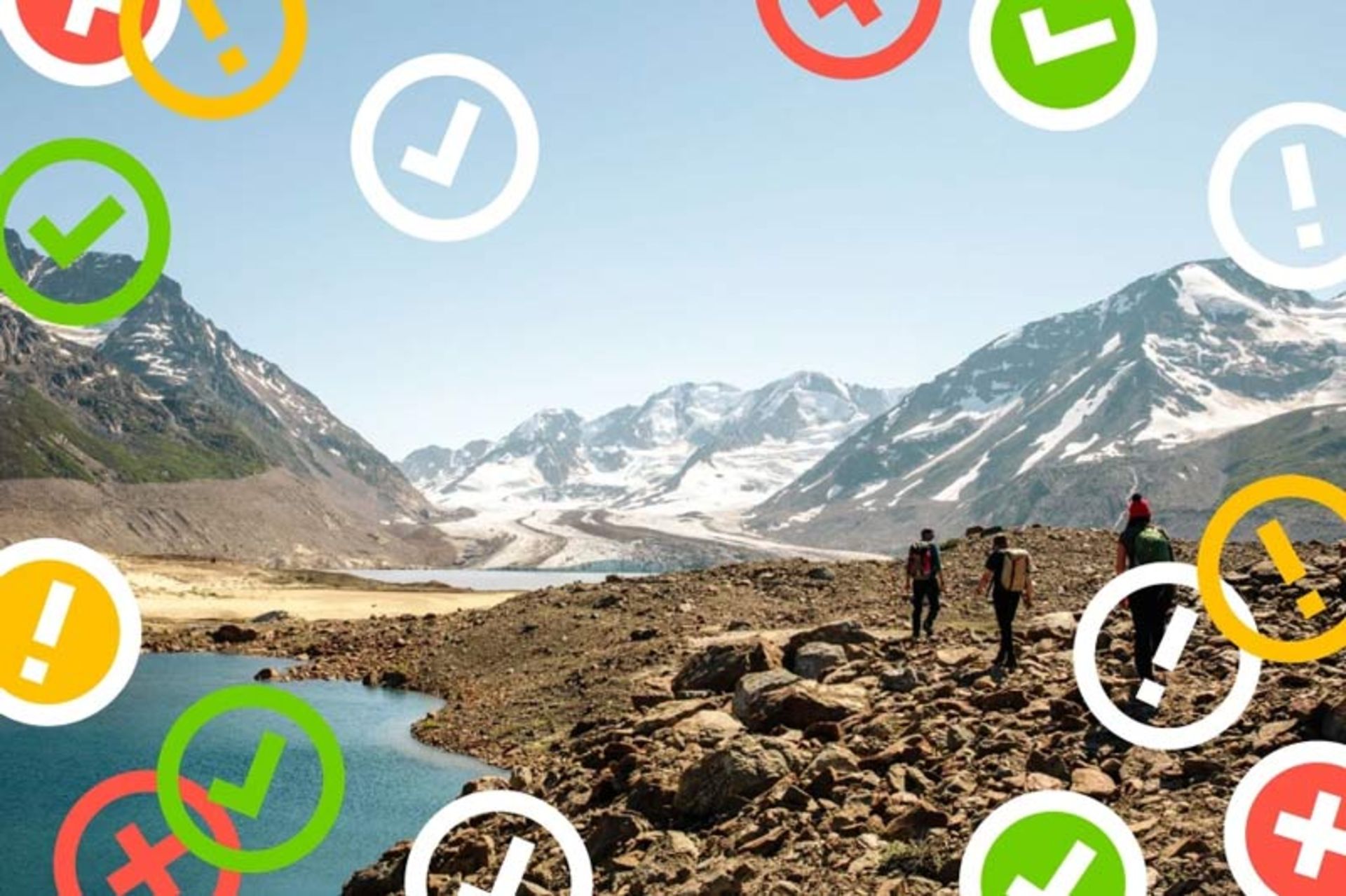 A mountain and lake landscape with digital icons floating on it