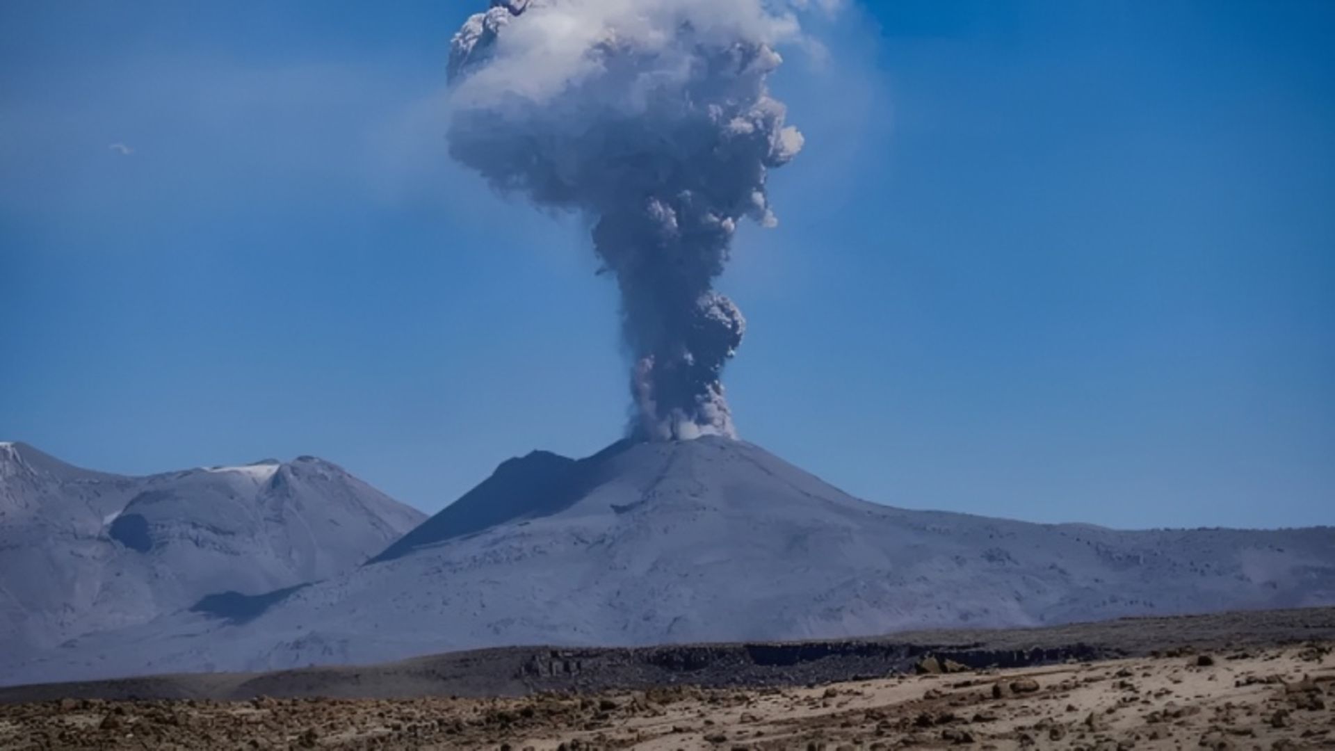 Smoke erupts from the Zavaritsky volcano