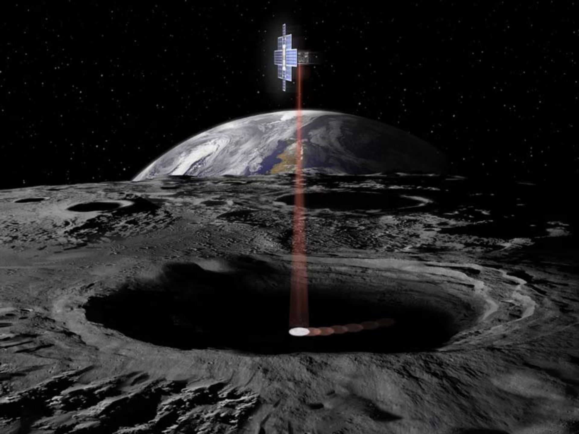 A graphic design of a satellite laser beaming into dark lunar craters to mine resources
