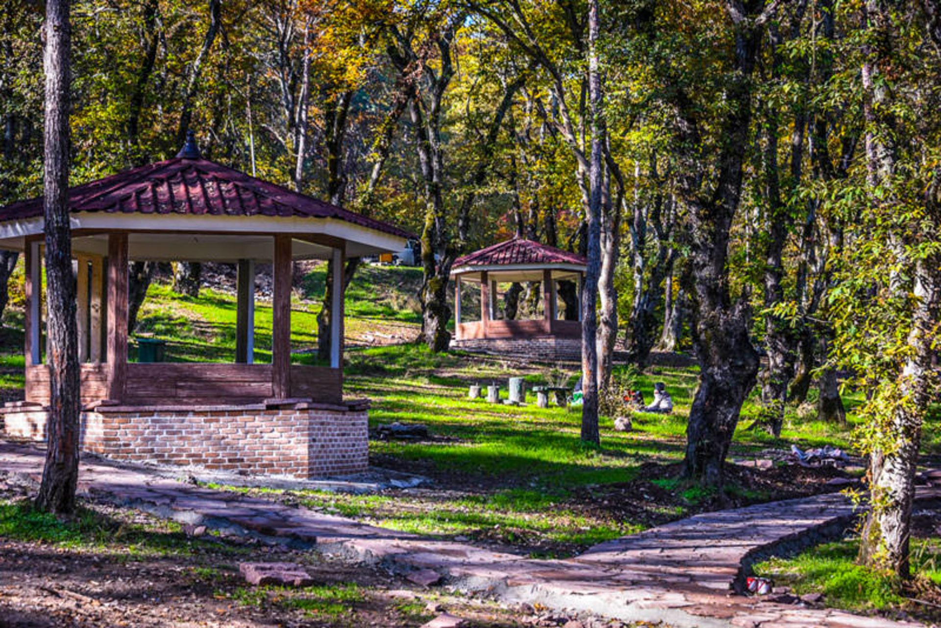 Spring green atmosphere and pavilions of Shahid Zare Forest Park