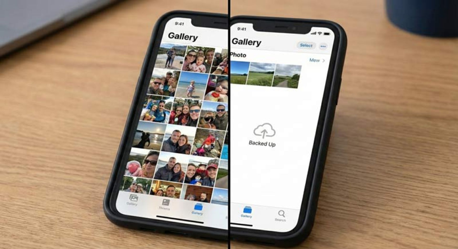 Comparison image of full gallery and empty gallery after backup