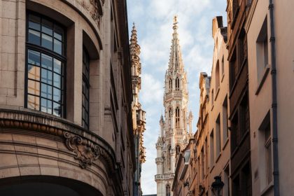 A view of tall buildings and historic towers in Brussels, Belgium