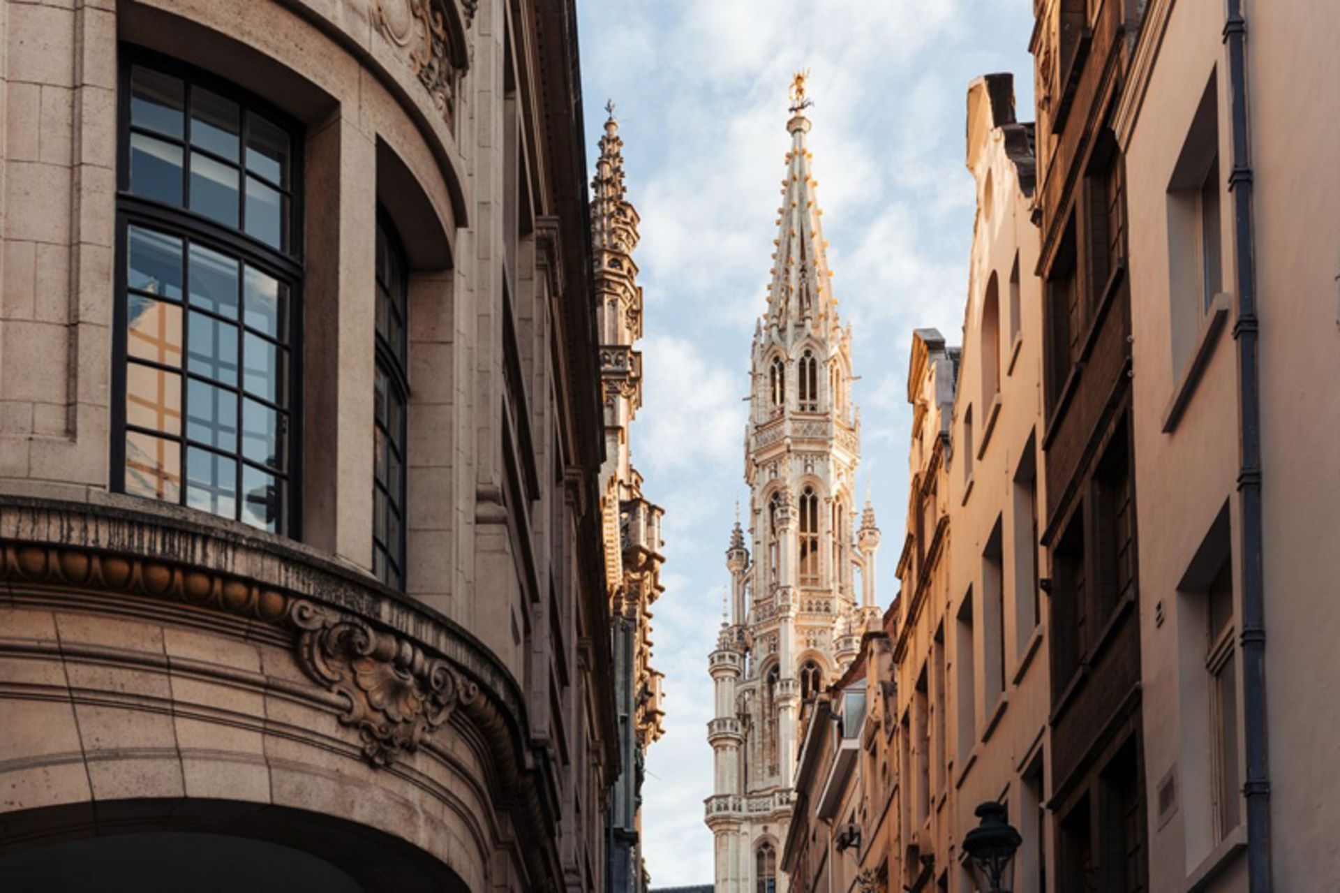 A view of tall buildings and historic towers in Brussels, Belgium