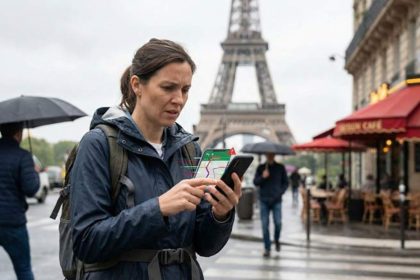 A traveler with a backpack in the rainy weather of Paris with a worried and confused expression