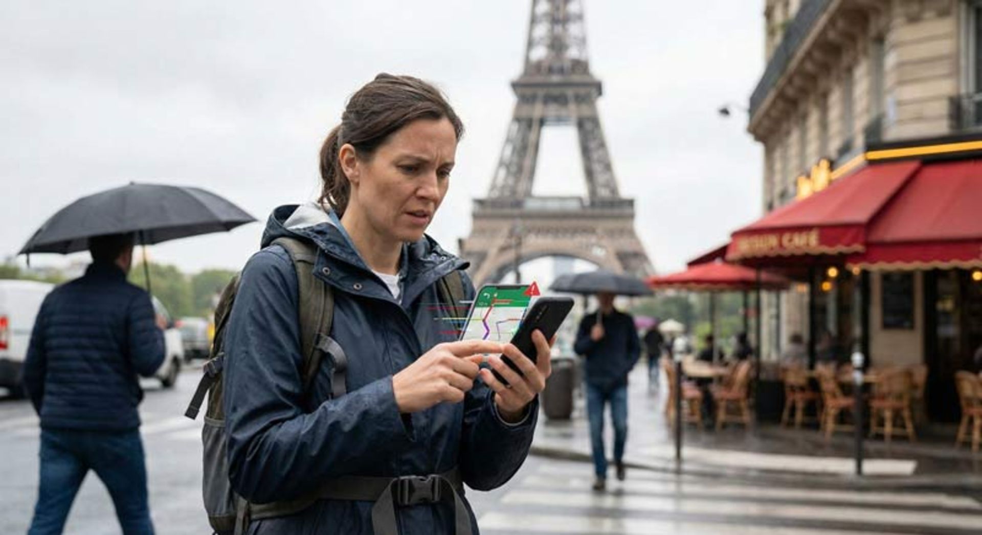 A traveler with a backpack in the rainy weather of Paris with a worried and confused expression