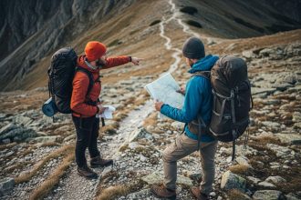 Two climbers using a map