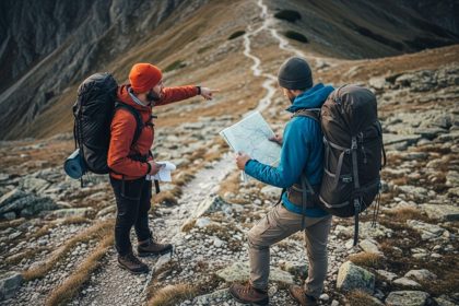 Two climbers using a map