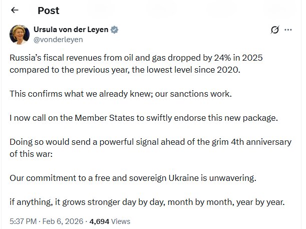 Von der Leyen's account of the details of the 20th package of European sanctions against Russia