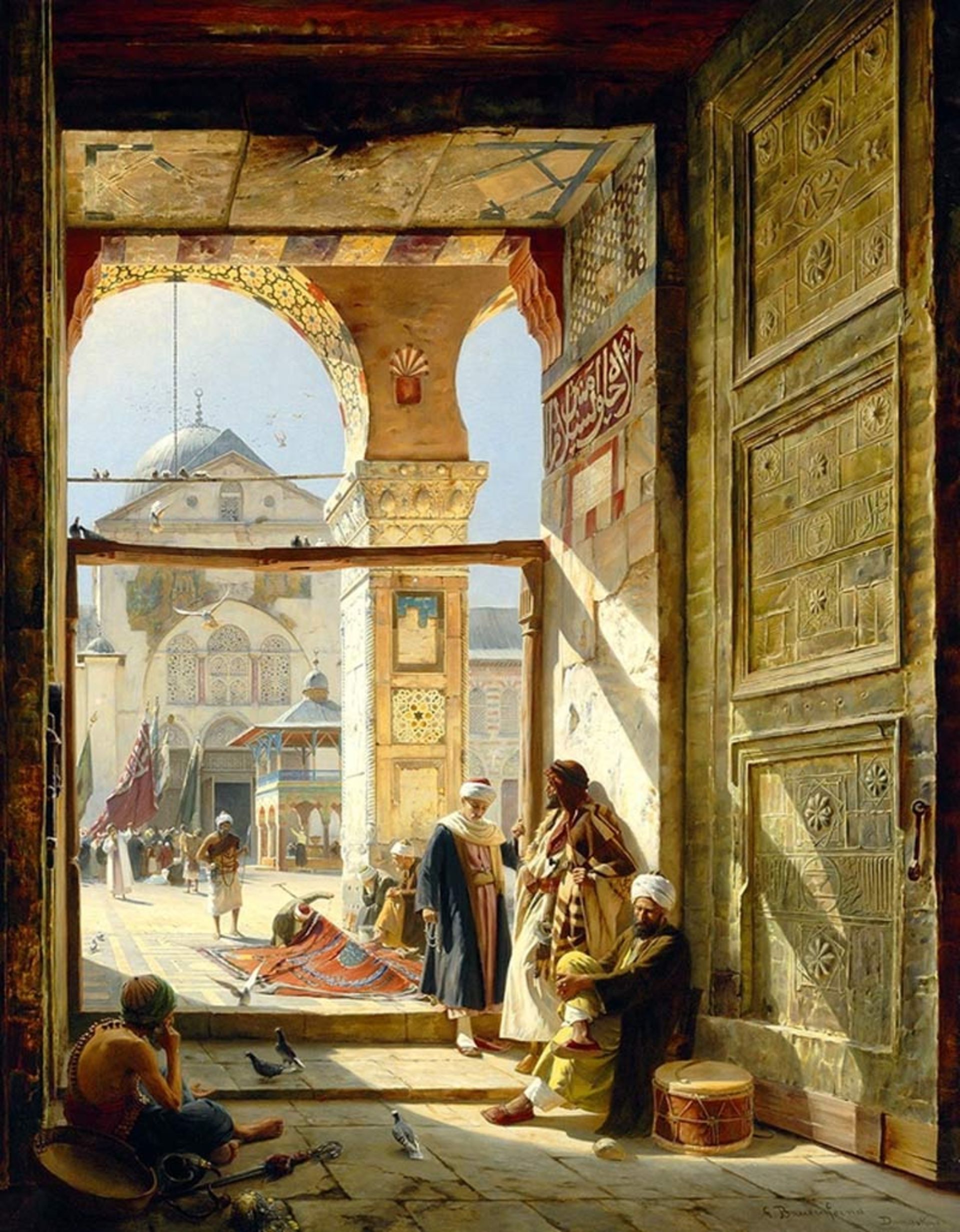 A painting of a stone doorway facing the courtyard of a mosque in Damascus