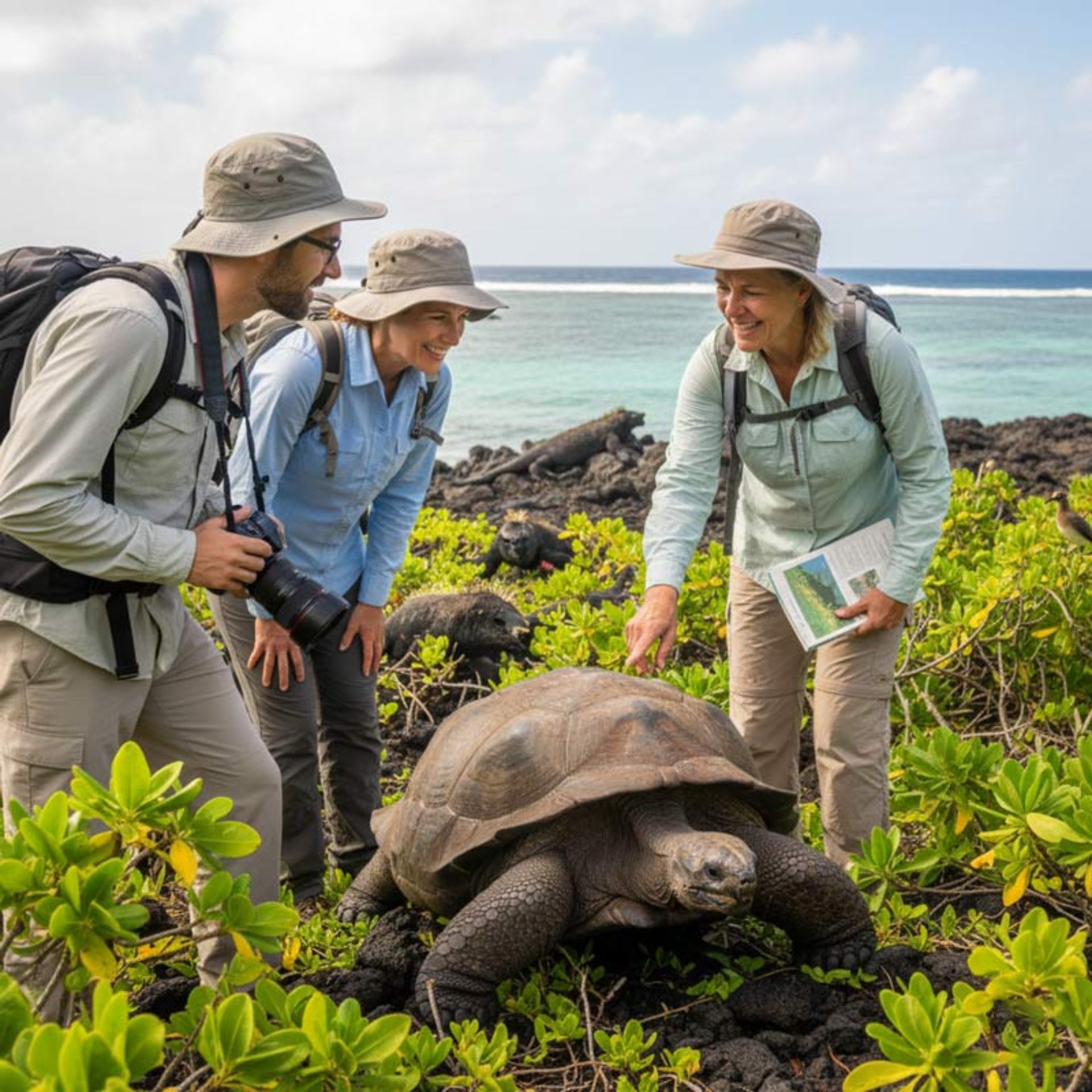 A group of tourists in sun hats watching a giant tortoise