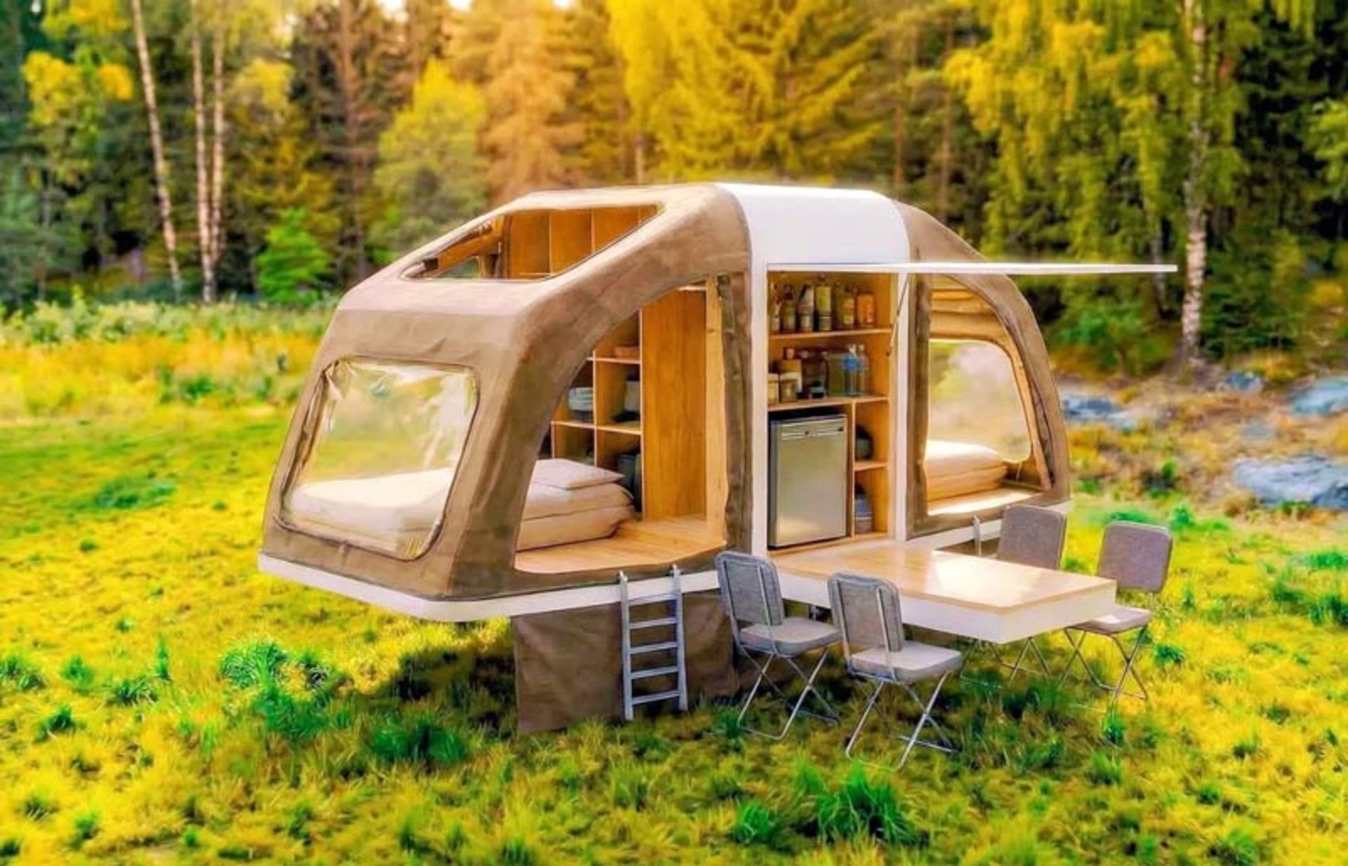 A close-up view of the interior of the opened wingcube with the orderly arrangement of shelves, fridge and bed