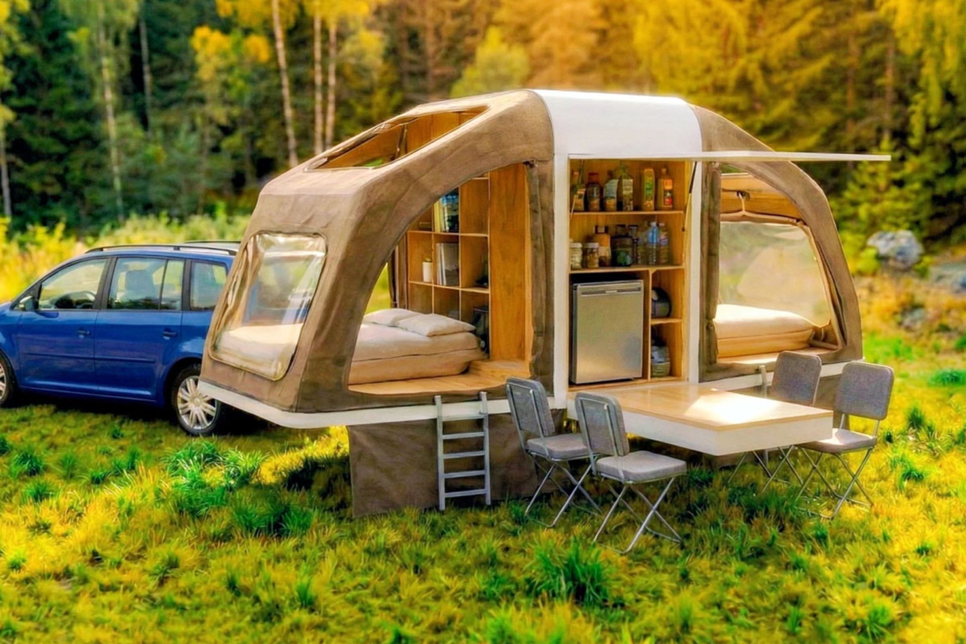 Full view of Wingcube cabin opened in a forest setting