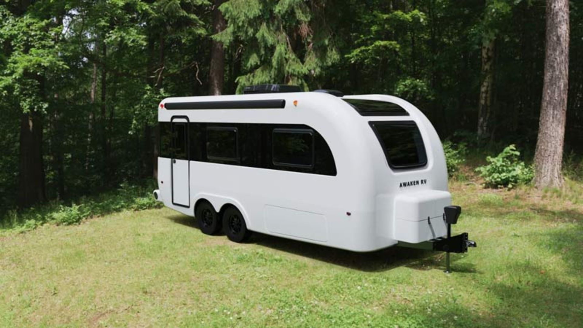 The exterior of the Morningstar model caravan with a white integral fiberglass body