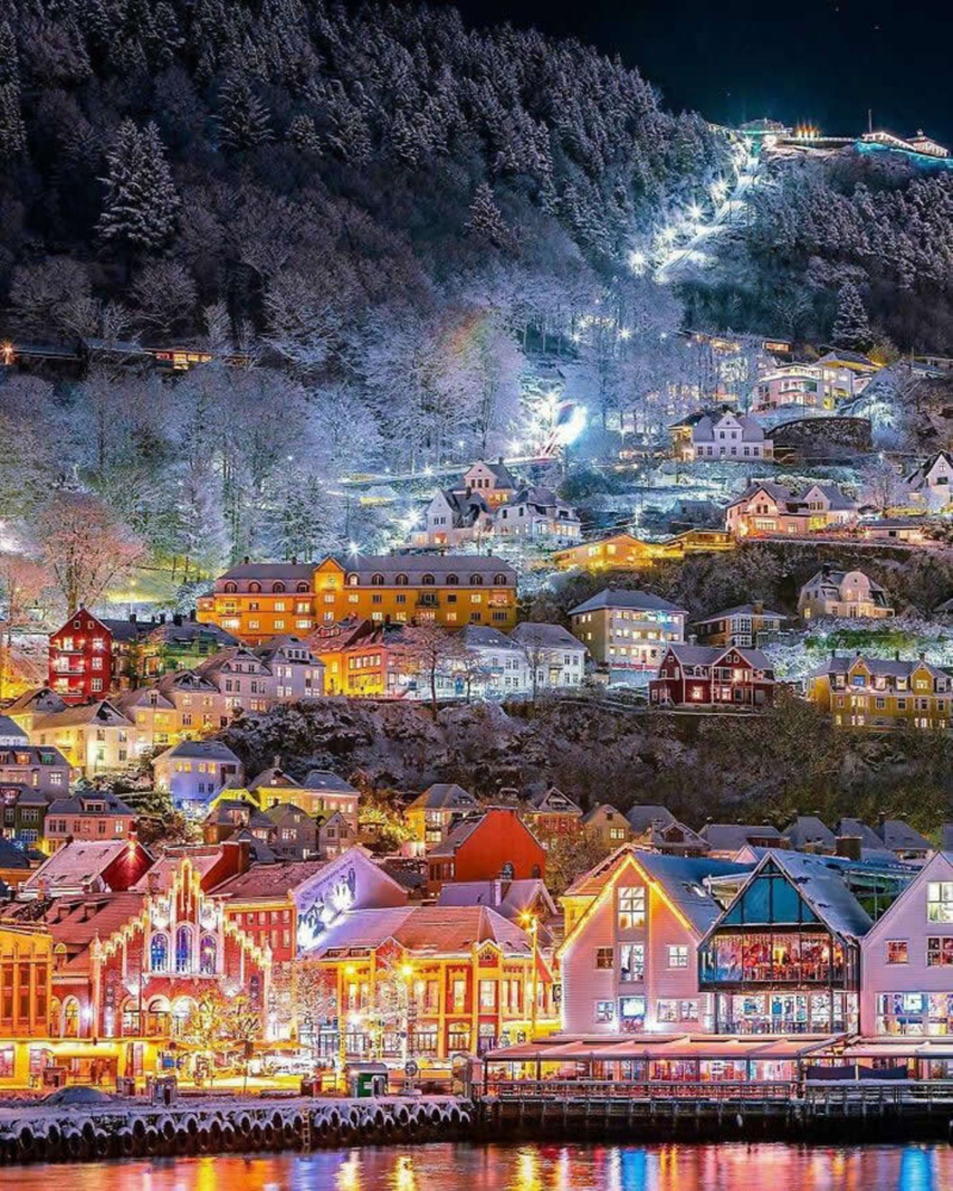 Night lighting in the winter image of the city of Bergen in Norway