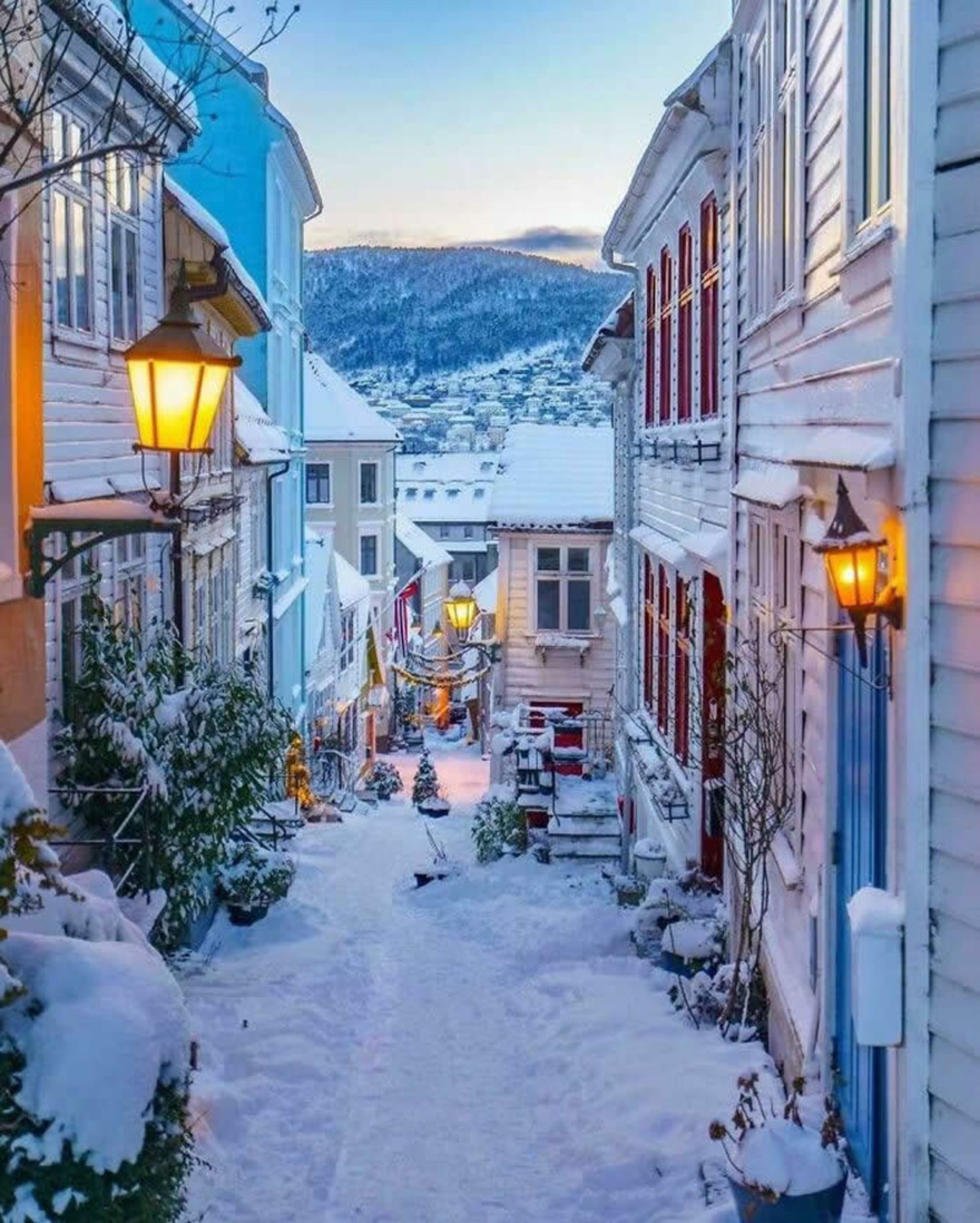 Snowy streets of Bergen in Norway