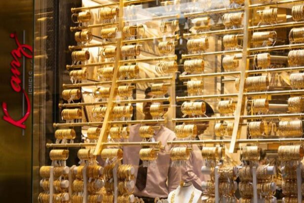 A close-up view of the window of a luxury jewelry store in Dubai