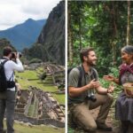 A composite image, on the left side of which is a tourist photographing from a distance and on the right side of an exploratory traveler talking and interacting.