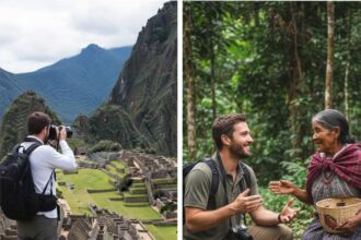A composite image, on the left side of which is a tourist photographing from a distance and on the right side of an exploratory traveler talking and interacting.