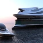 A sketch of the luxury ship Avangardia next to the lifeboat