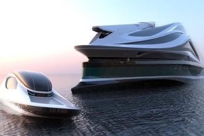 A sketch of the luxury ship Avangardia next to the lifeboat