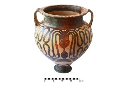 A large bronze age vessel decorated with the symbolic motif of an octopus